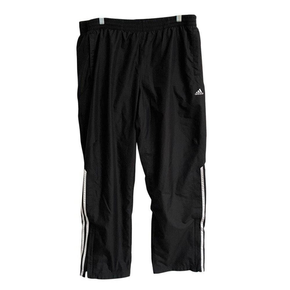 Adidas track pants men’s L black with white stripes‎ lined drawstring side zips